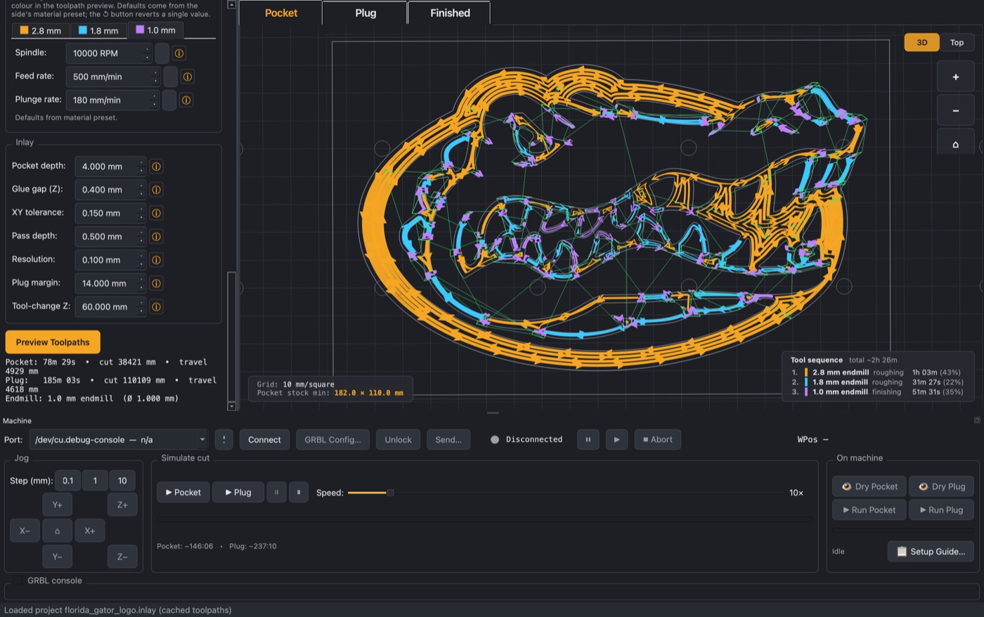 CNC Inlay Studio showing the pocket toolpath for a stylized gator logo, with bit selection on the left, multi-tool roughing chains in orange and blue, and live progress indicators.